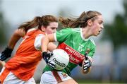 10 August 2019; Sinead Cafferky of Mayo in action against Colleen McKenna of Armagh during the TG4 All-Ireland Ladies Football Senior Championship Quarter-Final match between Mayo and Armagh at Glennon Brothers Pearse Park in Longford. Photo by Matt Browne/Sportsfile