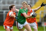 10 August 2019; Grace Kelly of Mayo in action against Colleen McKenna and Sarah Marley of Armagh during the TG4 All-Ireland Ladies Football Senior Championship Quarter-Final match between Mayo and Armagh at Glennon Brothers Pearse Park in Longford. Photo by Matt Browne/Sportsfile