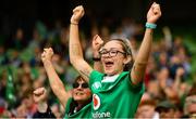10 August 2019; Ireland supporter Lauren Manning from Castleknock, Co Dublin celebrates her side's third try during the Guinness Summer Series 2019 match between Ireland and Italy at the Aviva Stadium in Dublin. Photo by David Fitzgerald/Sportsfile