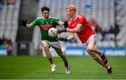 10 August 2019; Jack Cahalane of Cork in action against Owen McHale of Mayo during the Electric Ireland GAA Football All-Ireland Minor Championship Semi-Final match between Cork and Mayo at Croke Park in Dublin. Photo by Sam Barnes/Sportsfile