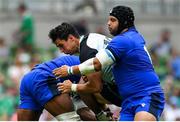 10 August 2019; Joey Carbery of Ireland is tackled by Maxime Mbanda, left, and Federico Zani of Italy during the Guinness Summer Series 2019 match between Ireland and Italy at the Aviva Stadium in Dublin. Photo by Brendan Moran/Sportsfile