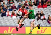 10 August 2019; Patrick Campbell of Cork in action against Ruairi Keane of Mayo during the Electric Ireland GAA Football All-Ireland Minor Championship Semi-Final match between Cork and Mayo at Croke Park in Dublin. Photo by Sam Barnes/Sportsfile