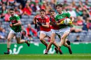 10 August 2019; Shaun Dempsey of Mayo in action against Adam Walsh Murphy, left, and Darragh Cashman of Cork during the Electric Ireland GAA Football All-Ireland Minor Championship Semi-Final match between Cork and Mayo at Croke Park in Dublin. Photo by Piaras Ó Mídheach/Sportsfile