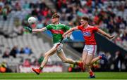 10 August 2019; Dylan Thornton of Mayo in action against Hugh Murphy of Cork during the Electric Ireland GAA Football All-Ireland Minor Championship Semi-Final match between Cork and Mayo at Croke Park in Dublin. Photo by Sam Barnes/Sportsfile