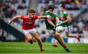 10 August 2019; Mark Tighe of Mayo in action against Daniel Peet of Cork during the Electric Ireland GAA Football All-Ireland Minor Championship Semi-Final match between Cork and Mayo at Croke Park in Dublin. Photo by Sam Barnes/Sportsfile