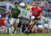 10 August 2019; Conor Corbett of Cork in action against Owen McHale of Mayo during the Electric Ireland GAA Football All-Ireland Minor Championship Semi-Final match between Cork and Mayo at Croke Park in Dublin. Photo by Piaras Ó Mídheach/Sportsfile