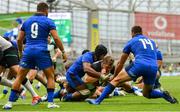 10 August 2019; Jordi Murphy of Ireland dives over to score his side's fourth try, despite the tackle of Maxime Mbanda of Italy, during the Guinness Summer Series 2019 match between Ireland and Italy at the Aviva Stadium in Dublin. Photo by Seb Daly/Sportsfile