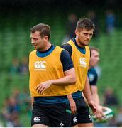 10 August 2019; Jack Carty, left, and Ross Byrne of Ireland prior to the Guinness Summer Series 2019 match between Ireland and Italy at the Aviva Stadium in Dublin. Photo by Seb Daly/Sportsfile