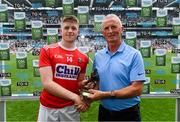 10 August 2019; Patrick Campbell of Cork is presented with the Electric Ireland Man of the Match award by Vincent Litchfield, Customer Relationship Manager, Electric Ireland, following the Electric Ireland GAA Football All-Ireland Minor Championship Semi-Final match between Cork and Mayo at Croke Park in Dublin. Photo by Ramsey Cardy/Sportsfile