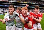 10 August 2019; Cork players, including  Jack Cahalane, second from right, and Luke Murphy of Cork far right, celebrate following the Electric Ireland GAA Football All-Ireland Minor Championship Semi-Final match between Cork and Mayo at Croke Park in Dublin. Photo by Sam Barnes/Sportsfile