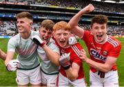 10 August 2019; Cork players, including  Jack Cahalane, second from right, and Luke Murphy of Cork, far right, celebrate following the Electric Ireland GAA Football All-Ireland Minor Championship Semi-Final match between Cork and Mayo at Croke Park in Dublin. Photo by Sam Barnes/Sportsfile