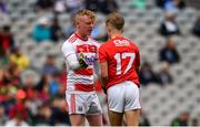 10 August 2019; Cian O'Leary of Cork, left, and Sean Andrews of Cork celebrate their sides third goal during the Electric Ireland GAA Football All-Ireland Minor Championship Semi-Final match between Cork and Mayo at Croke Park in Dublin. Photo by Sam Barnes/Sportsfile