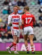 10 August 2019; Cian O'Leary of Cork, left, and Sean Andrews of Cork celebrate their sides third goal during the Electric Ireland GAA Football All-Ireland Minor Championship Semi-Final match between Cork and Mayo at Croke Park in Dublin. Photo by Sam Barnes/Sportsfile