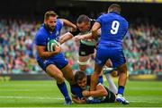 10 August 2019; Garry Ringrose of Ireland, with the help of team-mate Tommy O'Donnell, tackles Angelo Esposito and Guglielmo Palazzani of Italy during the Guinness Summer Series 2019 match between Ireland and Italy at the Aviva Stadium in Dublin. Photo by Brendan Moran/Sportsfile