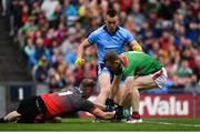 10 August 2019; Con O'Callaghan of Dublin in action against Rob Hennelly, left, and Colm Boyle of Mayo during the GAA Football All-Ireland Senior Championship Semi-Final match between Dublin and Mayo at Croke Park in Dublin. Photo by Sam Barnes/Sportsfile