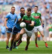 10 August 2019; Seamus O'Shea of Mayo is tackled by James McCarthy of Dublin during the GAA Football All-Ireland Senior Championship Semi-Final match between Dublin and Mayo at Croke Park in Dublin. Photo by Ramsey Cardy/Sportsfile