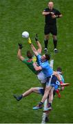 10 August 2019; Michael Darragh Macauley of Dublin competes for the throw-in against Aidan O'Shea of Mayo during the GAA Football All-Ireland Senior Championship Semi-Final match between Dublin and Mayo at Croke Park in Dublin. Photo by Daire Brennan/Sportsfile