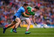 10 August 2019; Diarmuid O'Connor of Mayo in action against David Byrne of Dublin during the GAA Football All-Ireland Senior Championship Semi-Final match between Dublin and Mayo at Croke Park in Dublin. Photo by Stephen McCarthy/Sportsfile