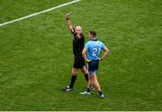 10 August 2019; Referee Conor Lane shows Cormac Costello of Dublin a black card during the GAA Football All-Ireland Senior Championship Semi-Final match between Dublin and Mayo at Croke Park in Dublin. Photo by Daire Brennan/Sportsfile