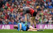 10 August 2019; Rob Hennelly of Mayo checks on Con O'Callaghan of Dublin after a collision during the GAA Football All-Ireland Senior Championship Semi-Final match between Dublin and Mayo at Croke Park in Dublin. Photo by Ramsey Cardy/Sportsfile