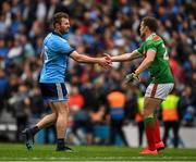 10 August 2019; Jack McCaffrey of Dublin and Andy Moran of Mayo shake hands after the GAA Football All-Ireland Senior Championship Semi-Final match between Dublin and Mayo at Croke Park in Dublin. Photo by Ray McManus/Sportsfile