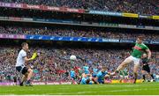 10 August 2019; Lee Keegan of Mayo shoots to score his side's first goal during the GAA Football All-Ireland Senior Championship Semi-Final match between Dublin and Mayo at Croke Park in Dublin. Photo by Sam Barnes/Sportsfile