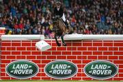 10 August 2019; Richard Howley of Ireland, competing on Notis Me, during the Land Rover Puissance at the Stena Line Dublin Horse Show 2019 at the RDS in Dublin. Photo by Harry Murphy/Sportsfile