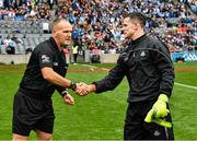 10 August 2019; Referee Conor Lane and Dublin captain Stephen Cluxton shake hands before the GAA Football All-Ireland Senior Championship Semi-Final match between Dublin and Mayo at Croke Park in Dublin. Photo by Ray McManus/Sportsfile