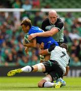 10 August 2019; Matteo Minozzi of Italy is tackled by Tommy O'Donnell and Devin Toner of Ireland during the Guinness Summer Series 2019 match between Ireland and Italy at the Aviva Stadium in Dublin. Photo by Seb Daly/Sportsfile