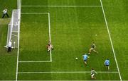 10 August 2019; Con O'Callaghan of Dublin shoots to score his side's first goal past Mayo goalkeeper Rob Hennelly during the GAA Football All-Ireland Senior Championship Semi-Final match between Dublin and Mayo at Croke Park in Dublin. Photo by Ramsey Cardy/Sportsfile