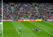 10 August 2019; Lee Keegan of Mayo shoots to score his side's goal past Dublin goalkeeper Stephen Cluxton during the GAA Football All-Ireland Senior Championship Semi-Final match between Dublin and Mayo at Croke Park in Dublin. Photo by Stephen McCarthy/Sportsfile
