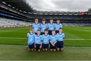 10 August 2019; The Dublin team, back row, left to right, James Brennan, Gowran NS, Gowran, Kilkenny, representing Dublin, Gavin Murphy, Scoil Mhuire Naofa, Rhode, Offaly, representing Dublin, Mason Melia, Newtownmountkennedy PS, Newtownmountkennedy, Wicklow, representing Dublin, Cian Ashmore, Holy Child BNS, Whitehall, Dublin, front row, left to right, Éanna Costello, Maree NS, Oranmore, Galway, representing Dublin, Dáire Tracey, The Good Shepherd PS 9, Good Shepherd Road, Antrim, representing Dublin, Cormac Flynn, Scoil Mhuire, Newtownforbes, Longford, representing Dublin, Pádraig Keenan, St Clareís PS 323, Cupar Street, Antrim, representing Dublin, Jacob Comiskey, Holy Family National School, Rathcoole, Dublin, ahead of the INTO Cumann na mBunscol GAA Respect Exhibition Go Games during the GAA Football All-Ireland Senior Championship Semi-Final match between Dublin and Mayo at Croke Park in Dublin. Photo by Daire Brennan/Sportsfile