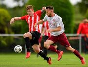 11 August 2019; Eoin Fowler of Killester Donnycarney in action against Shane Moloney of Lucan United during the Extra.ie FAI Cup First Round match between Lucan United and Killester Donnycarney at Celbridge Football Park in Kildare. Photo by Seb Daly/Sportsfile