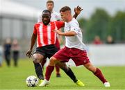 11 August 2019; Cian McMullan of Killester Donnycarney in action against Ajitola Sule of Lucan United during the Extra.ie FAI Cup First Round match between Lucan United and Killester Donnycarney at Celbridge Football Park in Kildare. Photo by Seb Daly/Sportsfile