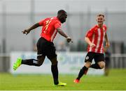 11 August 2019; Ajitola Sule of Lucan United celebrates after scoring his side's second goal during the Extra.ie FAI Cup First Round match between Lucan United and Killester Donnycarney at Celbridge Football Park in Kildare. Photo by Seb Daly/Sportsfile