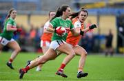10 August 2019; Niamh Kelly of Mayo in action against Clodagh McCambridge of Armagh during the TG4 All-Ireland Ladies Football Senior Championship Quarter-Final match between Mayo and Armagh at Glennon Brothers Pearse Park in Longford. Photo by Matt Browne/Sportsfile