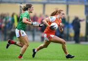 10 August 2019; Blaithin Mackin of Armaghin action against Danielle Caldwell of  Mayo during the TG4 All-Ireland Ladies Football Senior Championship Quarter-Final match between Mayo and Armagh at Glennon Brothers Pearse Park in Longford. Photo by Matt Browne/Sportsfile