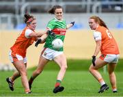 10 August 2019; Clodagh McManamon of Mayo in action against Maebh Mariarty of Armagh during the TG4 All-Ireland Ladies Football Senior Championship Quarter-Final match between Mayo and Armagh at Glennon Brothers Pearse Park in Longford. Photo by Matt Browne/Sportsfile