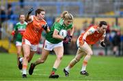 10 August 2019; Grace Kelly of Mayo in action against Colleen McKenna and Sarah Marley of Armagh during the TG4 All-Ireland Ladies Football Senior Championship Quarter-Final match between Mayo and Armagh at Glennon Brothers Pearse Park in Longford. Photo by Matt Browne/Sportsfile