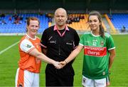 10 August 2019; Referee Jonathan Murphy with Armagh captain Caoimhe Morgan and Mayo captain Niamh Kelly before the TG4 All-Ireland Ladies Football Senior Championship Quarter-Final match between Mayo and Armagh at Glennon Brothers Pearse Park in Longford. Photo by Matt Browne/Sportsfile