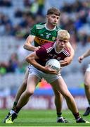 11 August 2019; James McLaughlin of Galway is tackled by Ronan Collins of Kerry during the Electric Ireland GAA Football All-Ireland Minor Championship Semi-Final match between Kerry and Galway at Croke Park in Dublin. Photo by Brendan Moran/Sportsfile