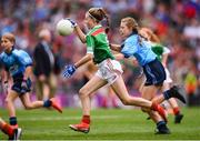 10 August 2019; Caoimhe Kelly, Mullaghrafferty, Carrickmacross, Monaghan, representing Mayo, and Layla Stafford, Glynn NS Glynn, Wexford, representing Dublin, during the INTO Cumann na mBunscol GAA Respect Exhibition Go Games during the GAA Football All-Ireland Senior Championship Semi-Final match between Dublin and Mayo at Croke Park in Dublin. Photo by Stephen McCarthy/Sportsfile