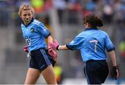 10 August 2019; Layla Stafford, Glynn NS Glynn, Wexford, representing Dublin, left, and Matilda McDaid, St Mary’s PS, Newtownbutler, Fermanagh, representing Dublin, during the INTO Cumann na mBunscol GAA Respect Exhibition Go Games during the GAA Football All-Ireland Senior Championship Semi-Final match between Dublin and Mayo at Croke Park in Dublin. Photo by Stephen McCarthy/Sportsfile