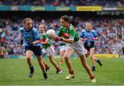 10 August 2019; Aisling McWeeney, Drumcong NS, Drumcong, Leitrim, representing Mayo, and Maggie Holland, Rampark NS, Dundalk, Louth, representing Dublin, during the INTO Cumann na mBunscol GAA Respect Exhibition Go Games during the GAA Football All-Ireland Senior Championship Semi-Final match between Dublin and Mayo at Croke Park in Dublin. Photo by Stephen McCarthy/Sportsfile
