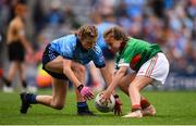 10 August 2019; Layla Stafford, Glynn NS Glynn, Wexford, representing Dublin, and Holly O'Shea, Herbertstown NS, Herbertstown, Limerick, representing Mayo, during the INTO Cumann na mBunscol GAA Respect Exhibition Go Games during the GAA Football All-Ireland Senior Championship Semi-Final match between Dublin and Mayo at Croke Park in Dublin. Photo by Stephen McCarthy/Sportsfile