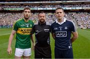 28 August 2016; Referee David Gough with team captains Killian Young of Kerry, left, and Stephen Cluxton of Dublin prior to the GAA Football All-Ireland Senior Championship Semi-Final game between Dublin and Kerry at Croke Park in Dublin. Photo by Piaras Ó Mídheach/Sportsfile