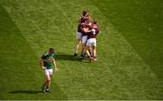 11 August 2019; Galway players, left to right, Ruairí King, Jonathan McGrath, Ethan Fiorentini, and Liam Tevnan, celebrate, as a dejected Jack O'Connor of Kerry walks away after the Electric Ireland GAA Football All-Ireland Minor Championship Semi-Final match between Kerry and Galway at Croke Park in Dublin. Photo by Daire Brennan/Sportsfile