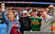 11 August 2019; Warren Seoige of Galway, wearing a Kerry jersey, with his mam, Ellie, his dad, Myle, and brother, Darren, after he Electric Ireland GAA Football All-Ireland Minor Championship Semi-Final match between Kerry and Galway at Croke Park in Dublin. Photo by Ray McManus/Sportsfile