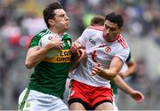 11 August 2019; David Moran of Kerry in action against Michael Cassidy of Tyrone during the GAA Football All-Ireland Senior Championship Semi-Final match between Kerry and Tyrone at Croke Park in Dublin. Photo by Brendan Moran/Sportsfile