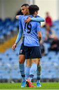 11 August 2019; Liam Kerrigan of UCD, 19, is congratulated by team-mate Yoyo Mahdy after scoring his side's fourth goal during the Extra.ie FAI Cup First Round match between UCD and Letterkenny Rovers at UCD Bowl in Belfield, Dublin. Photo by Seb Daly/Sportsfile